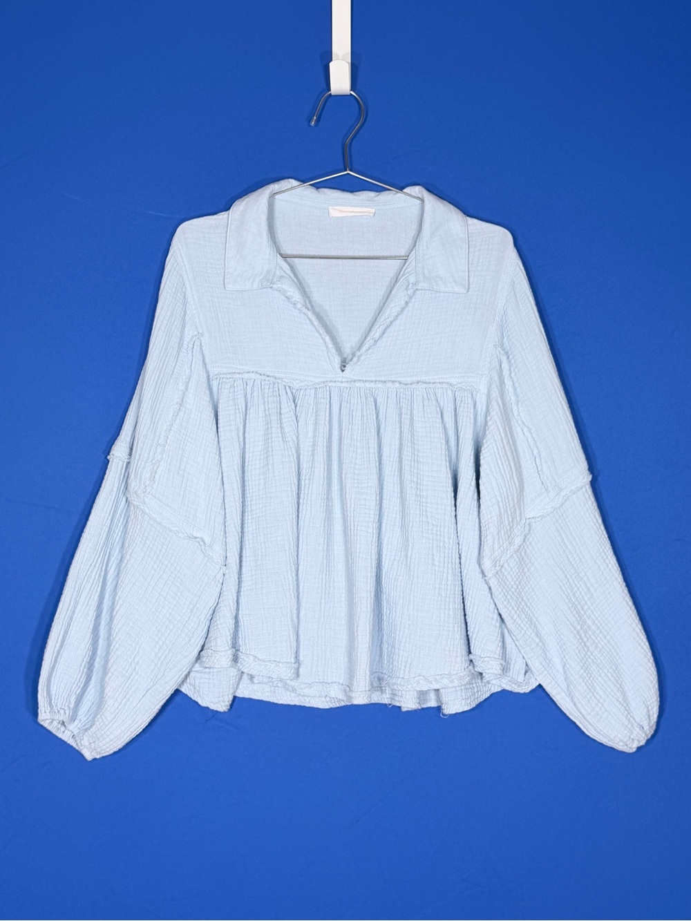 🩵 Ces Femme 100% COTTON Blue Cotton Gauze Babydoll Balloon Sleeve Top M